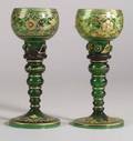 Pair of Bohemian Green Glass Parcel Gilt and Faux Jeweled Roemers