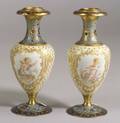 Pair of Small French Porcelain and Champleve Enamel Vases