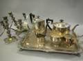 FivePiece Silver Plated Tea and Coffee Set a Serving Tray and a Pair of Candelabra
