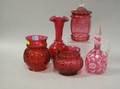 Cranberry Glass Cruet Three Vases and a Covered Jar