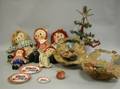 Two Easter Foldup Decorations a Miniature Christmas Tree Five Raggedy Ann Dolls and Tin Plates