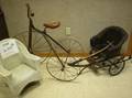 Childs Wicker Armchair and Rikshaw and an Iron Tricycle