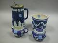 Wedgwood Dark Blue Jasper Pewter Mounted Pitcher Small Jardiniere Creamer and Sugar