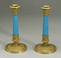 Pair of French Empire Revival Ormolu and Blue Opaline Glass Candlesticks