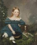 AngloAmerican School 19th Century Portrait of a Child in Blue Seated in a Landscape with a Spaniel