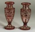 Pair of Bohemian Ruby Flashed Cut to Clear Etched Glass Vases