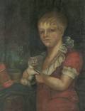 Continental School 19th Century Child Holding a White Kitten and Standing in a Garden