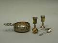 English Sterling Silver Porringer Pair of Russian Silver Goblets a Silver Ladle and Spoon