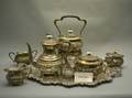 SixPiece English Rococostyle Silver Plated Tea Set with a Pair of Serving Trays