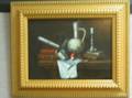 Framed Oil Still Life with Books Candlestick and Pipe
