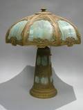Giltmetal and Bent Blue Slag Glass Panel Table Lamp with Illuminated Base