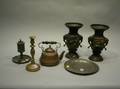 Three Bronze Chinese Vases Two Pewter Plates Whaleoil Lamp Copper Teapot and a Brass Candlestick