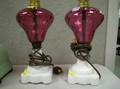 Pair of Milk Glass Whale Oil Lamps with Cranberry Glass Fonts