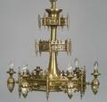 Victorian Brass and Rose Medallion Porcelain Gas Chandelier