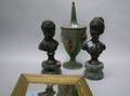 Pair of Bronze Busts of Children with Marble Bases a Painted Tole Urn and a Gilt Mirror