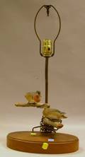 Carved and Painted Wood Lamp Base Depicting Two Ducks