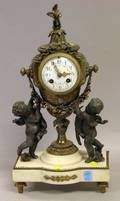 French Giltmetal Figural and White Marble Mantel Clock
