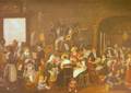 American School 19th Century Folk Art Painting of Musical Entertainment at a Gathering