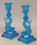 Pair of Blue Pressed Glass Dolphin Candlesticks