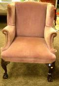 Diminutive Chippendalestyle Upholstered Carved Mahogany Wing Chair