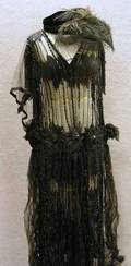 1920s Black Beaded Mesh Dress with Hat and Feathered Embellishments