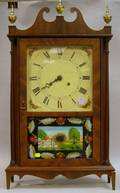 Federalstyle Mahogany and Mahogany Veneer Pillar and Scroll Mantel Clock with ReversePainted Glass Tablet