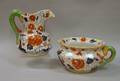 English Imari Palette Ironstone Chamber Pitcher and Pot with Serpent Handles