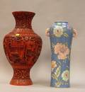 Chinese Export Enameled Floral Decorated Porcelain Vase with Elephant Handles and a Large Cinnabar Vase