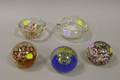 Three Art Glass Paperweights and Two Paperweight Dishes