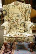 Chippendalestyle Crewelwork Upholstered Carved Cherry Wing Chair