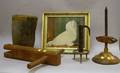 19th Century Wooden Bed Wrench a Painted Leather Fire Bucket a Adjustable Treen Candleholder an Iron Wax Jack and a Framed Oil on C
