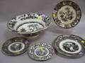 English Black and White Transfer Decorated Staffordshire Ironstone Basin and Four Plates