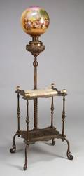 Victorian Onyx Mounted Patinated Cast Iron Kerosene Lamp Table with Painted and Transfer Decorated Glass Globe