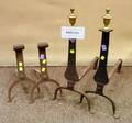 Pair of Knifeblade Andirons a Pair of Cast Iron Scrolled Andirons and a Salters Brass Clockwork Roasting Spit