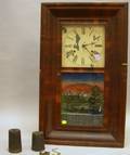 JC Brown Rosewood Veneer Ogee Shelf Clock with Mclean Asylum Somerville Mass Scenic Reverse Transfer Decorated Glass Tablet