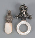 Victorian sterling silver and mother of pearl childs rattle and a similar whistle