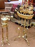 Baroquestyle Cast Brass Sailing Ship Hearth Stand with Five Tools and a Brass Hot Water Kettle on Stand