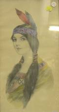Framed Mixed Media Work on Paper of a Native American Girl