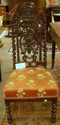 Pair of Gothic Revival Upholstered Carved Walnut Parlor Chairs