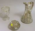 Silver Overlaid Colorless Glass Pitcher Flower Frog and Footed Bowl