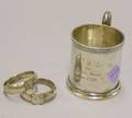 Childs 1854 Engraved Coin Silver Mug and a Pair of Silver Napkin Rings