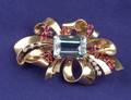 Retro Aquamarine Diamond and Ruby Ribbon Brooch