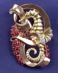 Retro Bicolor 14kt Gold Ruby and Diamond Seahorse Brooch