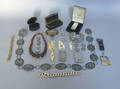 Group of silver jewelry and dresser articles to include a concha belt