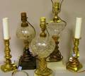 Three Blown Molded Glass Fluid Lamps and a Pair of Federalstyle Brass Candlestick Lamps