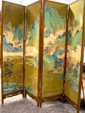 Wood Framed FourPanel Floor Screen Inset with Chinese Landscape Painted Panels