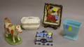 Staffordshire Figural Cow Spodetype Covered Box Flow Blue Covered Matchbox a German or Pennsylvania Painted Plaster Plaque and a F