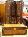 Asian Carved Hardwood FourPanel Floor Screen and a BrassMounted Carved Hardwood Storage Chest