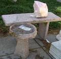 Rustic Carved Granite Birdbath and Bench with a Rose Quartz Specimen