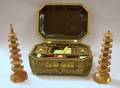 Pair of Miniature Carved Soapstone Temples and a Chinese Export Lacquer Sewing Box with Contents